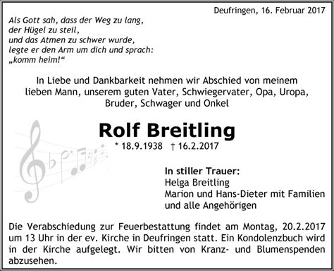 Traueranzeigen von Rolf Breitling 